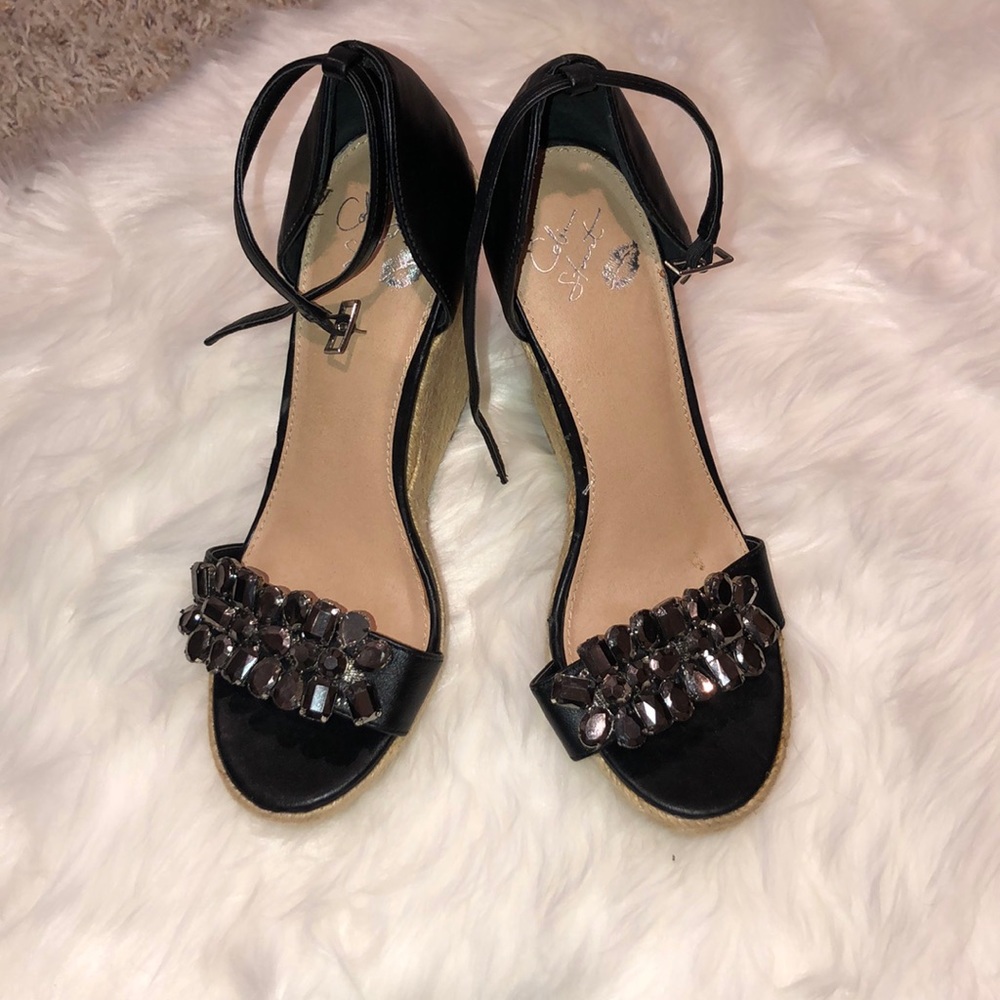 Colin Stuart Black Wedges with Rhinestone Jewels.